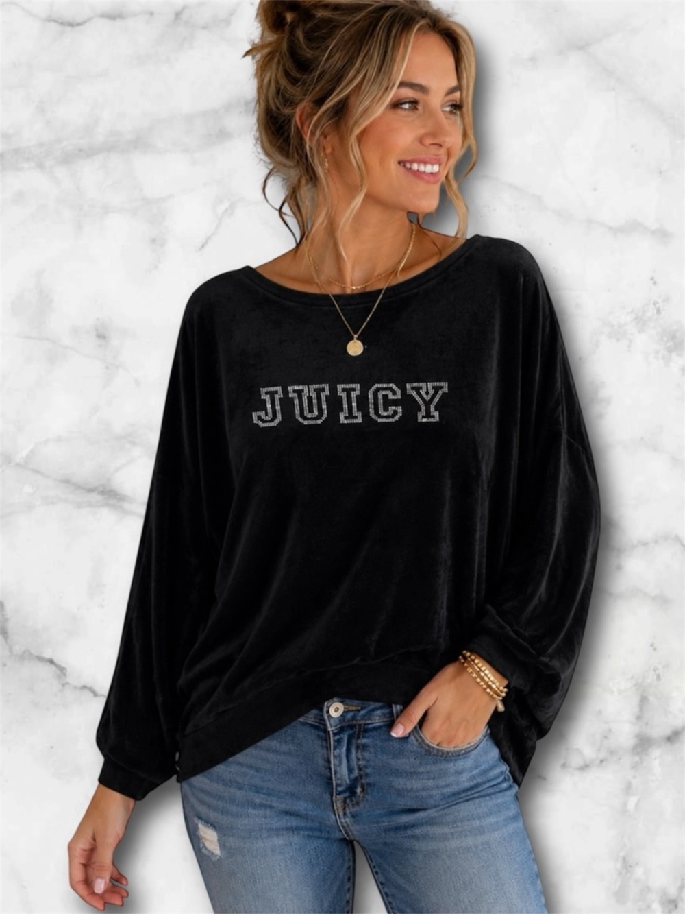 Juicy Couture Black Velour Rhinestone Bling Logo Long Sleeve Top Y2K Lounge Sz M